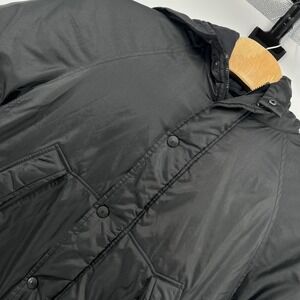 J.Crew‎ Mens small Black Hooded Puffer Jacket Quilted Lined Button Front Coat